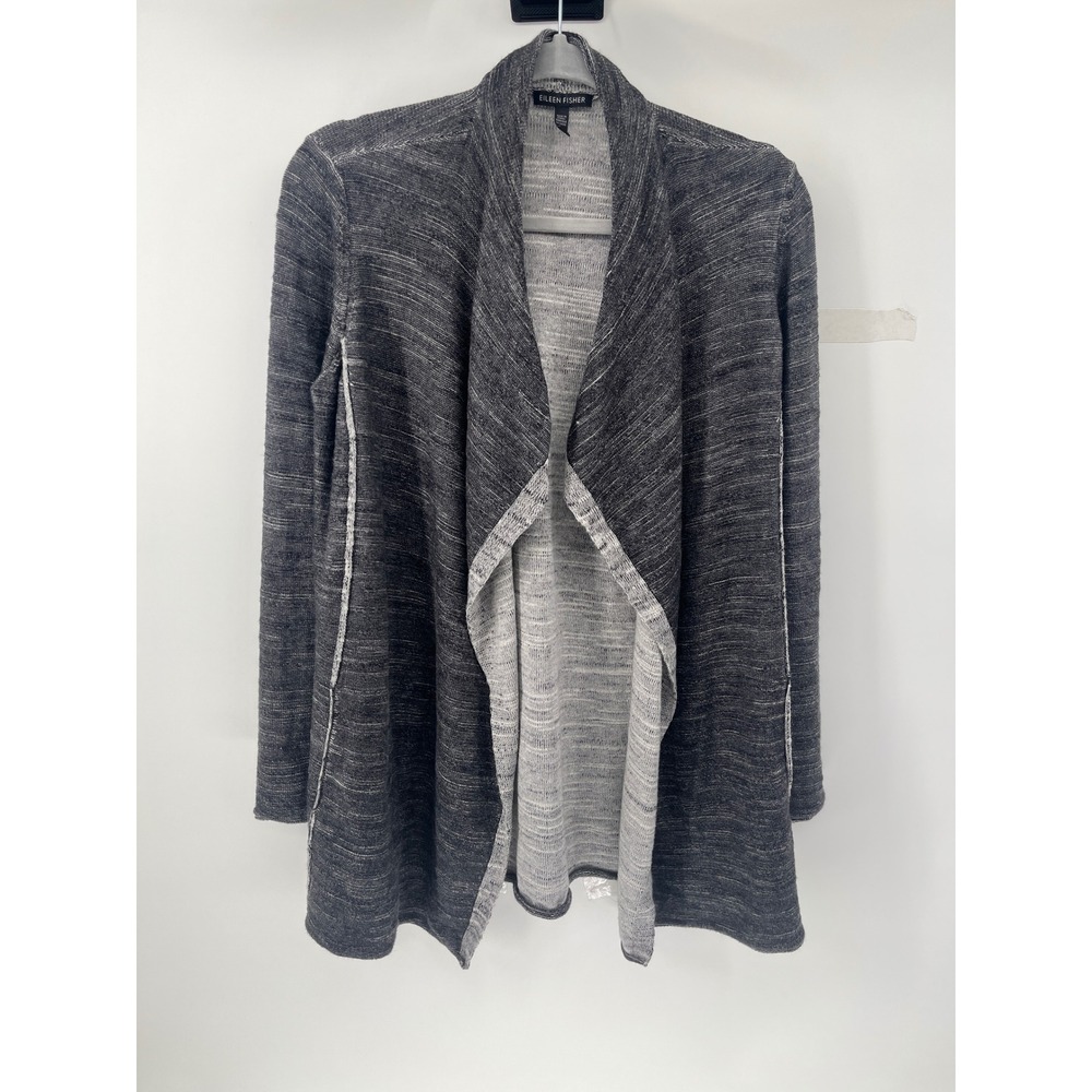 Eileen Fisher Organic Cotton Space Dye Open Front Cardigan Gray XS Shawl Collar